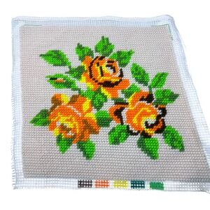Vintage Handcrafted Floral Needlepoint Roses Orange Yellow Canvas Art 16x15